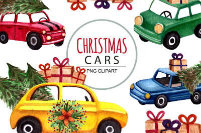 watercolor christmas cars, clipart 