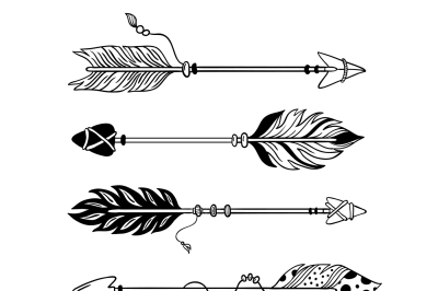 Ethnic arrows. Hand drawn feather arrow&2C; tribal feathers on pointer an