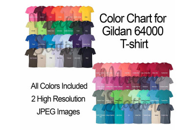 Color Chart for Gildan 64000 T-shirt, Digital Color Chart