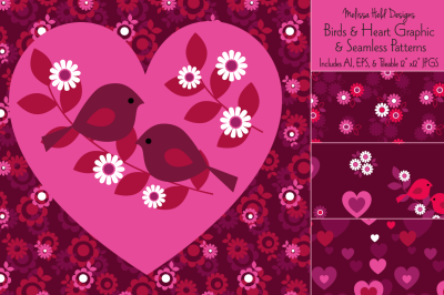 Birds &amp; Heart Graphic &amp; Seamless Patterns