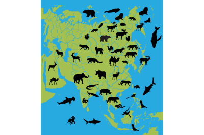 Animals on the map of Asia