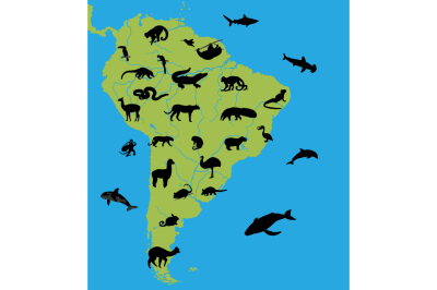 Animals on the map of South America