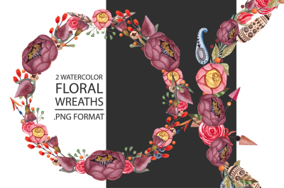 2 Watercolor floral boho wreath clipart