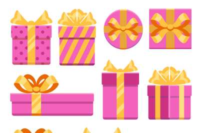 Pink gift boxes with ribbon bows vector icons set