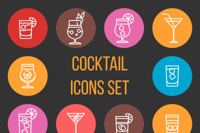 Colorful cocktail thin line vector icons set