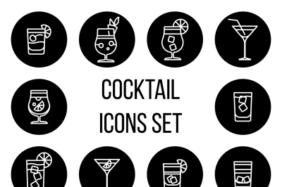 Cocktail thin line vector icons set in black and white