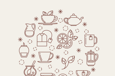 Tea thin line vector icons set in a circle