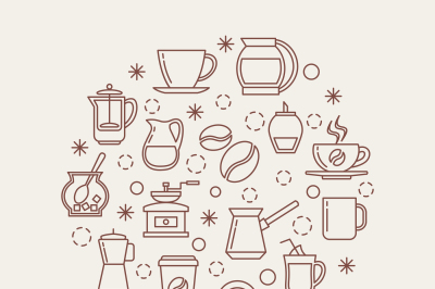 Coffee thin line vector icons set in a circle