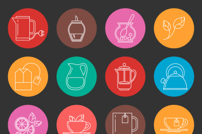 Colorful tea thin line vector icons set