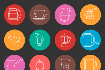 Colorful coffee thin line vector icons set