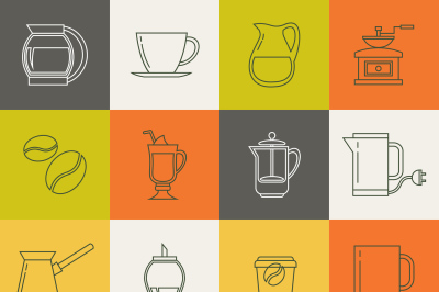 Multicolor coffee thin line vector icons set