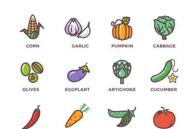 Vegetables vegan raw food colored vector icons set