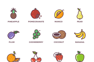 Fruits raw food colored vector icons set