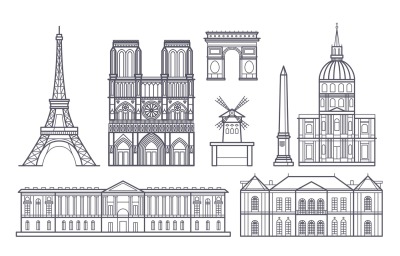 Outline paris landscape, france vector landmarks icons