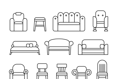 Furniture, chair, armchair, lounge, sofa, couch line vector icons