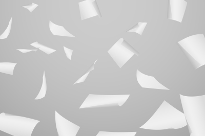Abstract vector background with flying, falling, scattered office whit