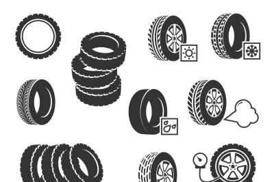 Tire shop, tyres change auto service vector icons set