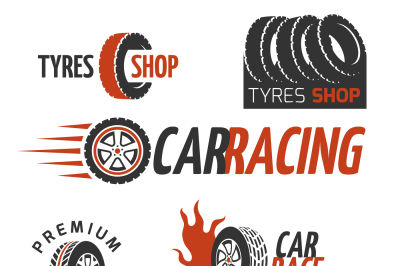 Automobile rubber tire shop, car wheel, racing vector logos and labels