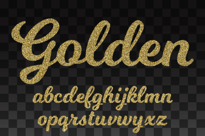 Gold glitter vector font, golden alphabet with lowercase letters, numb