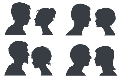 Couple faces, young boy and girl head vector silhouettes isolated on w