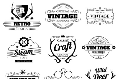 Vintage vector hipster logos and labels set with deer horns