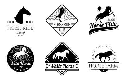 Racing horse, running mare vector vintage logos and labels set