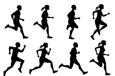 Running male and female&2C; jogging people vector silhouettes