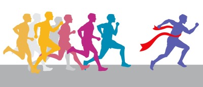 Racing people and winning runner marathon competition vector concept