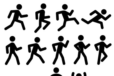 People figures in motion, running, walking, jumping vector black icons