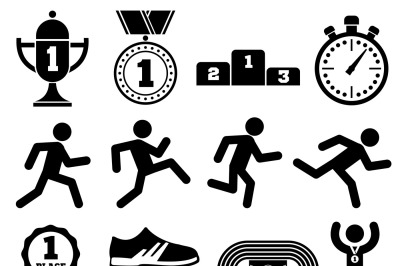 Running sport, outdoor jogging people, marathon race vector icons