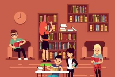 Bibliotheca, school library interior with student vector illustration