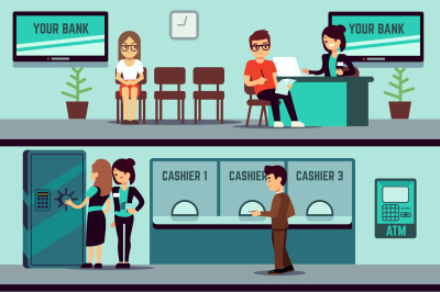 Bank office interior with people, clients and bank clerks vector flat 