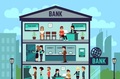 Bank building with people and bank employees in the offices. banking a