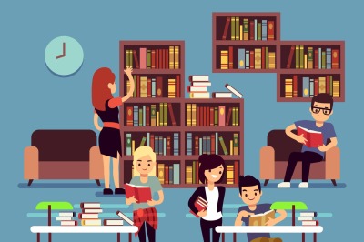 Studying students in library interior with books and bookshelves vecto