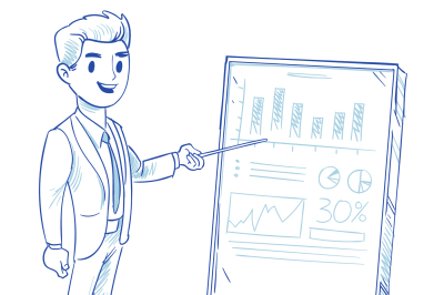 Happy businessman explains product sales chart. successful strategy bu