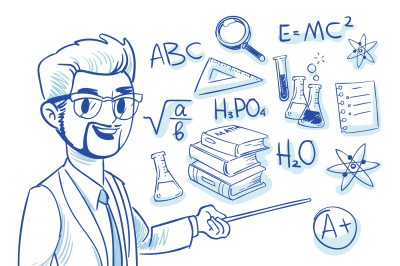 Teacher at the blackboard and education doodle icons. back to school h