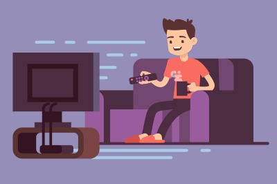 Man watching TV and drinking coffee on sofa in home room interior vect