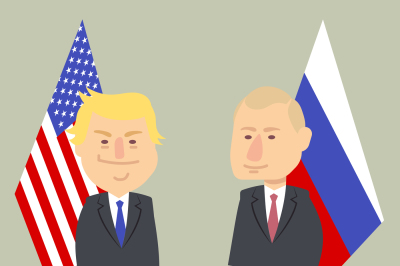 Donald Trump and Vladimir Putin standing together with Russian and USA