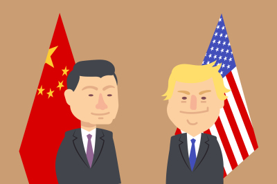 Xi Jinping and Donald Trump standing together with china and usa flags