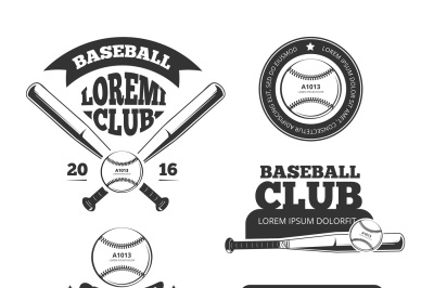 Vintage baseball sports, old vector logos and labels set with bats and