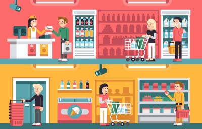 Shopping people and counter in super market interior, retail vector co