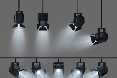 Spotlights with bright white light shining stage vector set