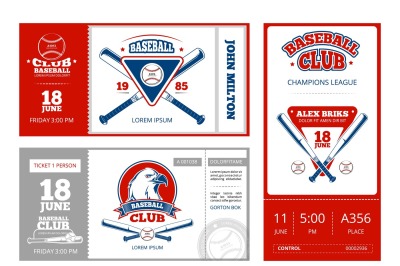 Baseball sports ticket vector design with vintage baseball team emblem