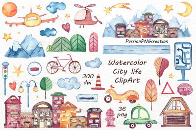 Watercolor city life clipart