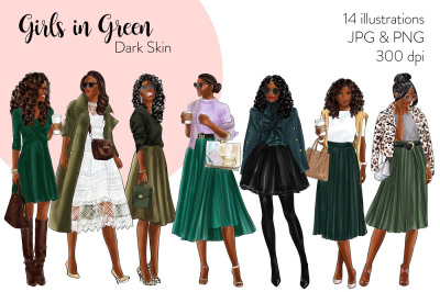 Watercolor Fashion Clipart - Girls in Green - Dark Skin
