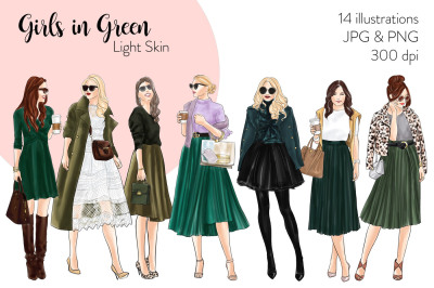 Watercolor Fashion Clipart - Girls in Green - Light Skin