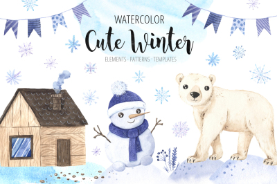 Watercolor Cute Winter Animals Set