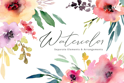 Watercolor flowers, bouquets, frames PNG collection