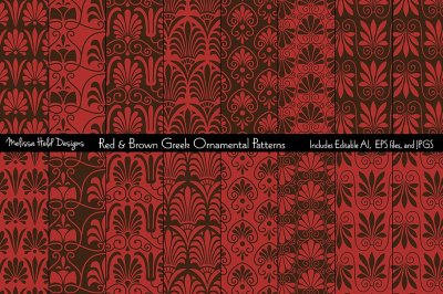 Red Brown Seamless Greek Ornamental Patterns