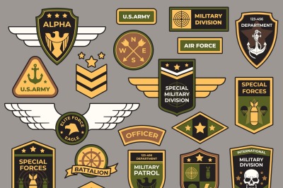 Army badges. Military patch, air force captain sign and paratrooper in